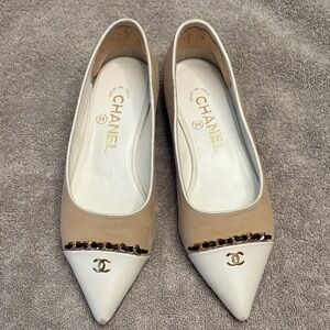 Chanel Beige and White Flats with Chain Detail